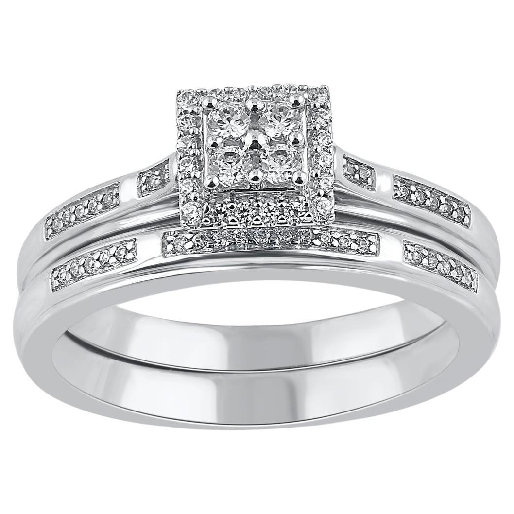 TJD 0.25 Carat Natural Round Diamond White Gold Square Frame Bridal Ring Set