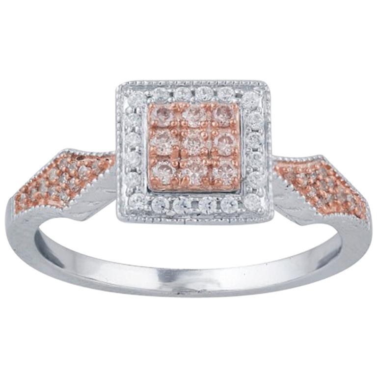 TJD 0,25 carat Nat. Bague de forme carrée en or bicolore 18 carats avec diamants roses rosés et blancs