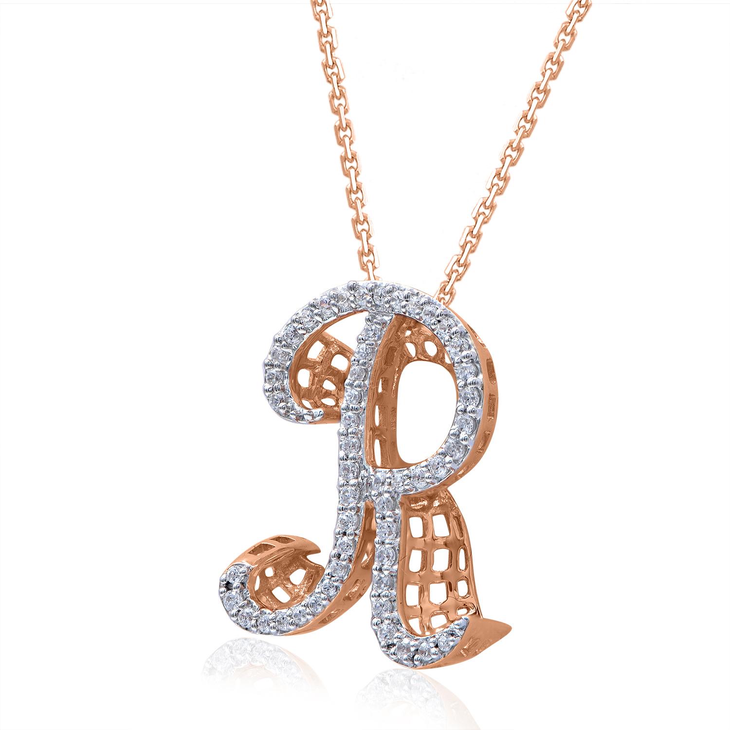 How about flaunting your diamond studded initial letter jewelry? Made by skilful craftsmen in 18 KT rose gold and Studded with 50 hand-set round shaped natural white diamonds in prong setting and shine in H-I Color I1 Clarity. The total diamond