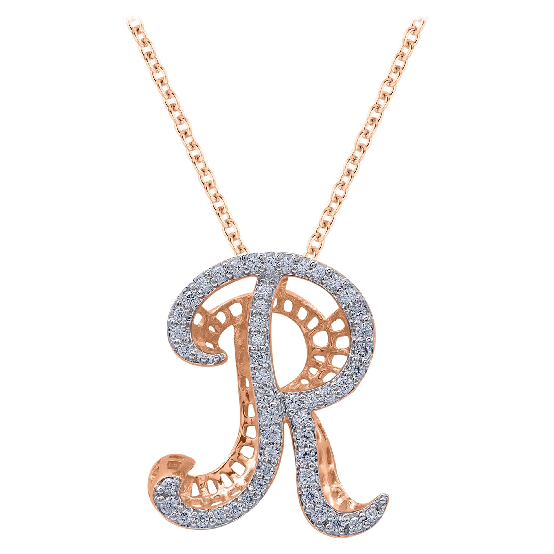 TJD Colgantes de diamantes con la inicial R' de 0,25 quilates en forma de alfabeto 3D en oro rosa de 18 quilates en venta