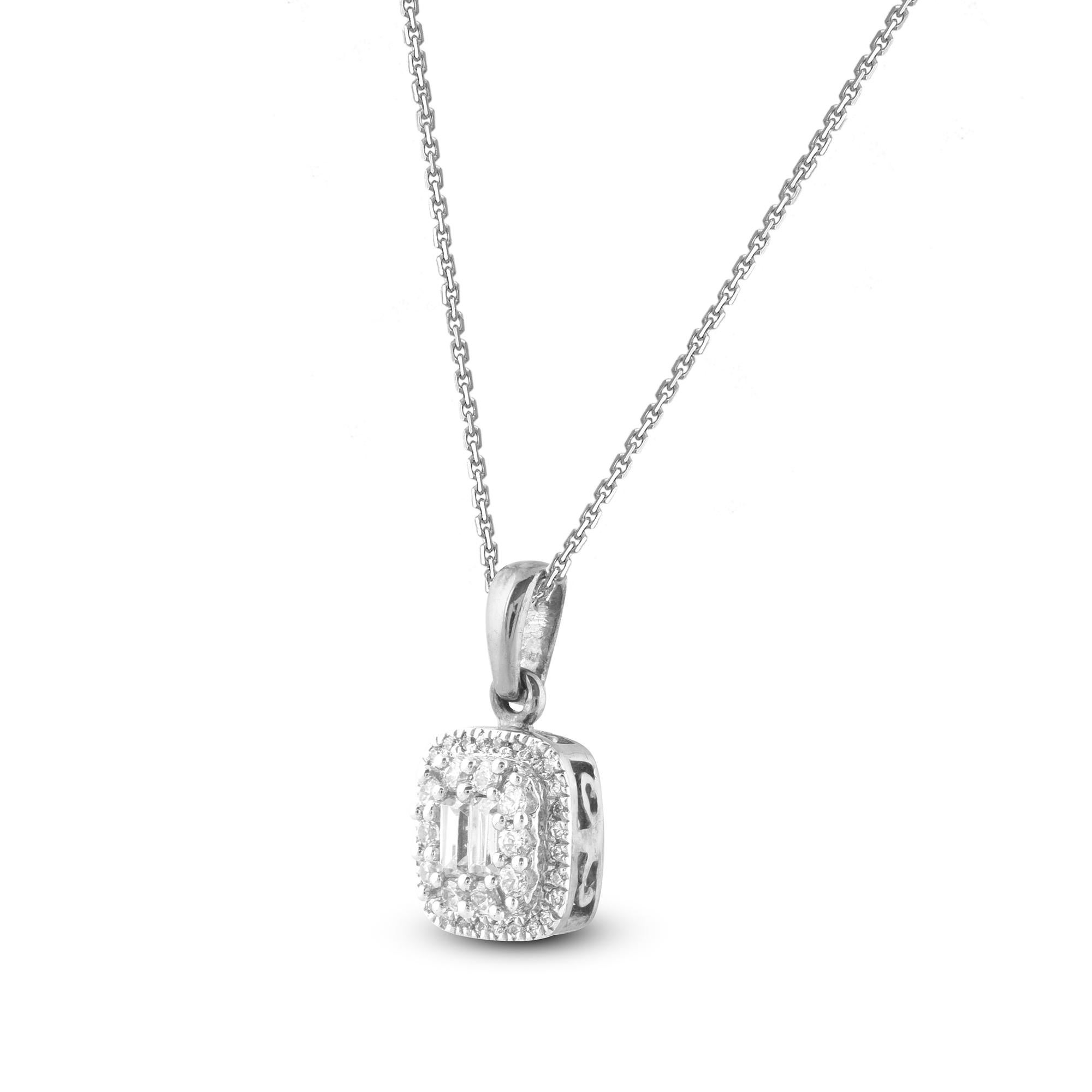 This Round Diamond Cushion Frame Pendant in 14K gold showcases 0.25 carats of sparkling 38 round and 2 baguette diamond set in prong and micro pave setting, H-I color I2 clarity. Featuring a fabulous design and a highly polished gold finish, this