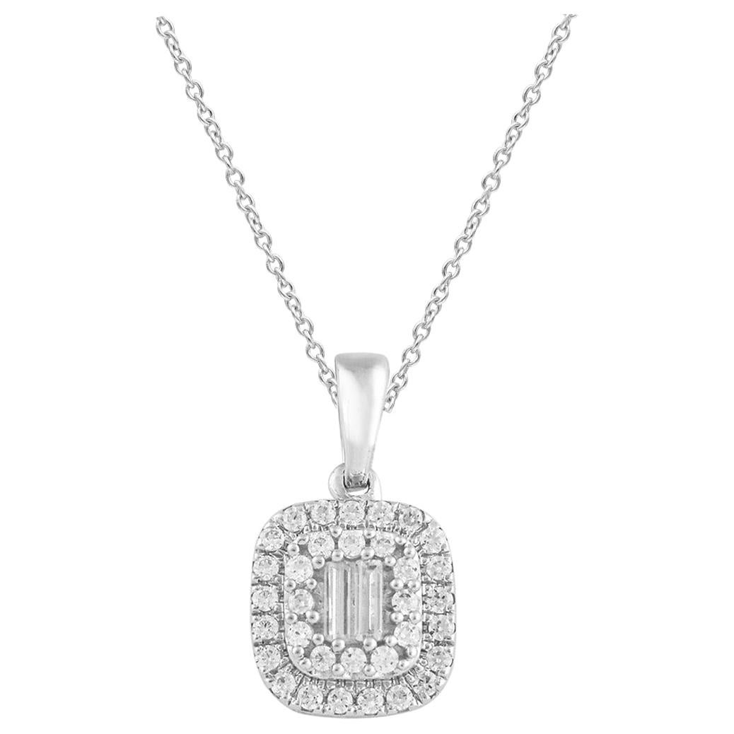 TJD 0.25 Carat Round and Baguette Diamond 14 Kt White Gold Cushion Shape Pendant For Sale
