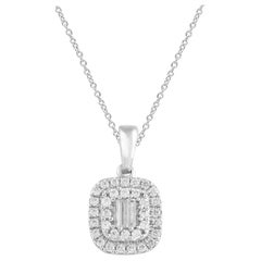 TJD 0.25 Carat Round and Baguette Diamond 14 Kt White Gold Cushion Shape Pendant