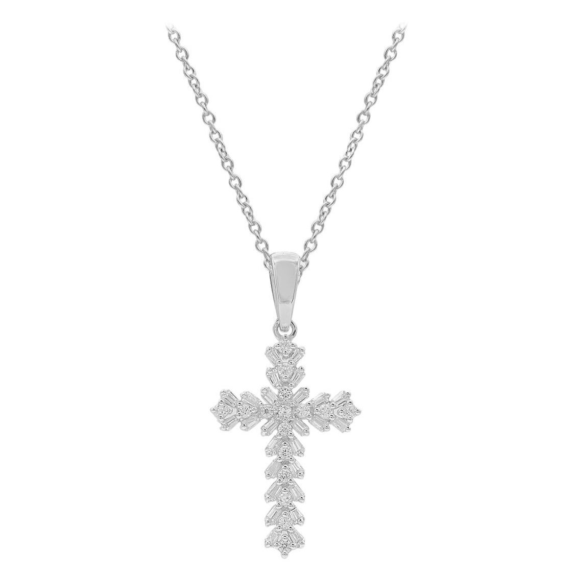 TJD 0.25 Carat Round and Baguette Diamond 14 Karat Gold Designer Cross Pendant