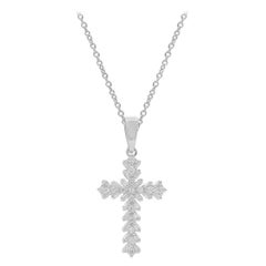 TJD 0.25 Carat Round and Baguette Diamond 14 Karat Gold Designer Cross Pendant