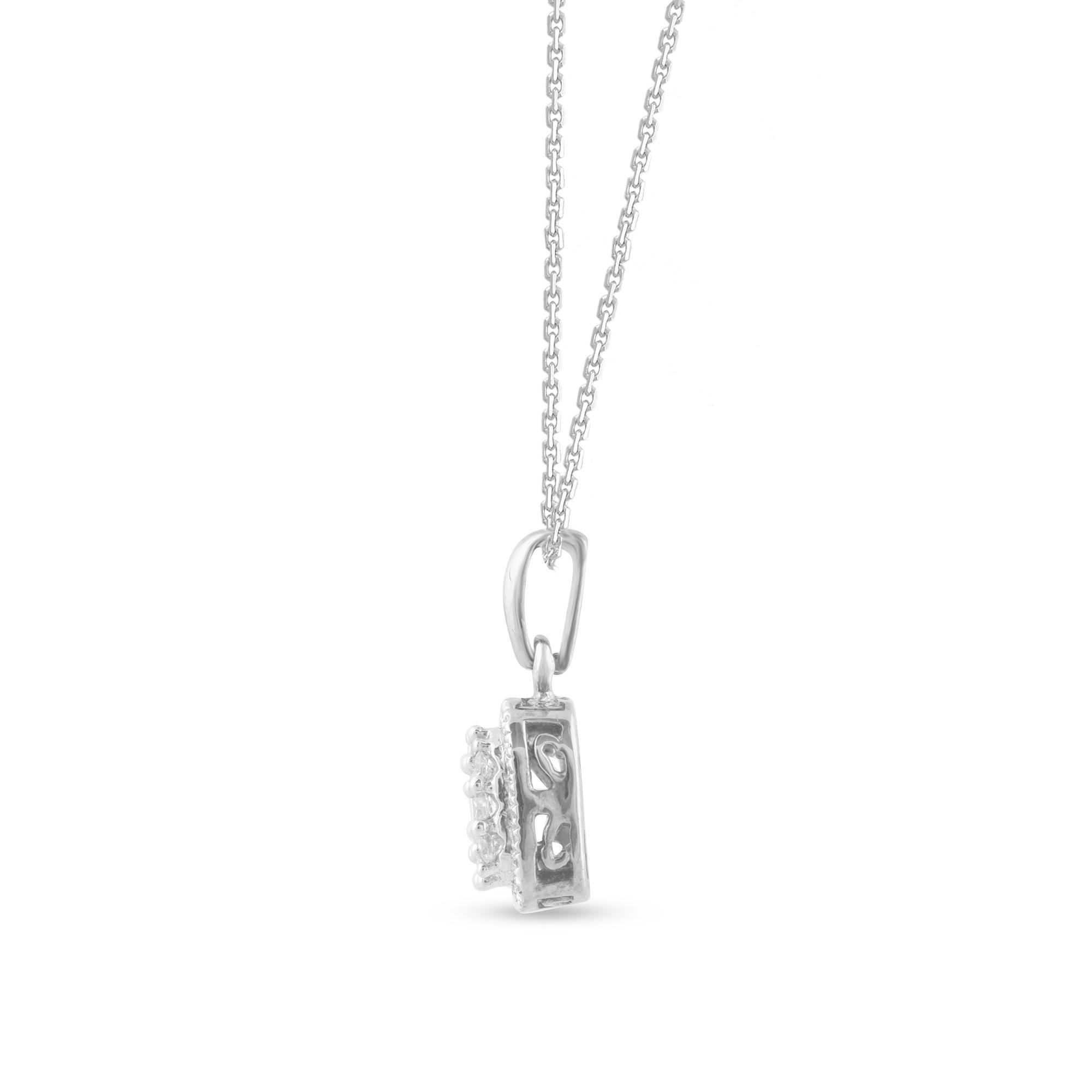 Art déco Pendentif en forme de coussin en or blanc 14 carats avec diamants ronds et baguettes TJD 0,25 carat en vente