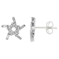 TJD 0.25 Carat Round and Baguette Diamond 14K White Gold Open Star Stud Earrings
