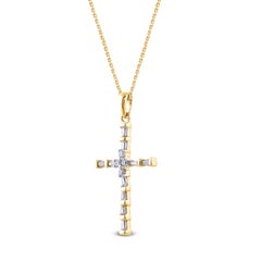 TJD 0.25 Carat Round & Baguette 14K Yellow Gold Classic Religious Cross Pendant