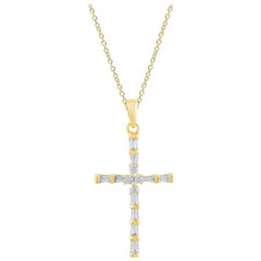 TJD 0.25 Carat Round & Baguette 14K Yellow Gold Classic Religious Cross Pendant