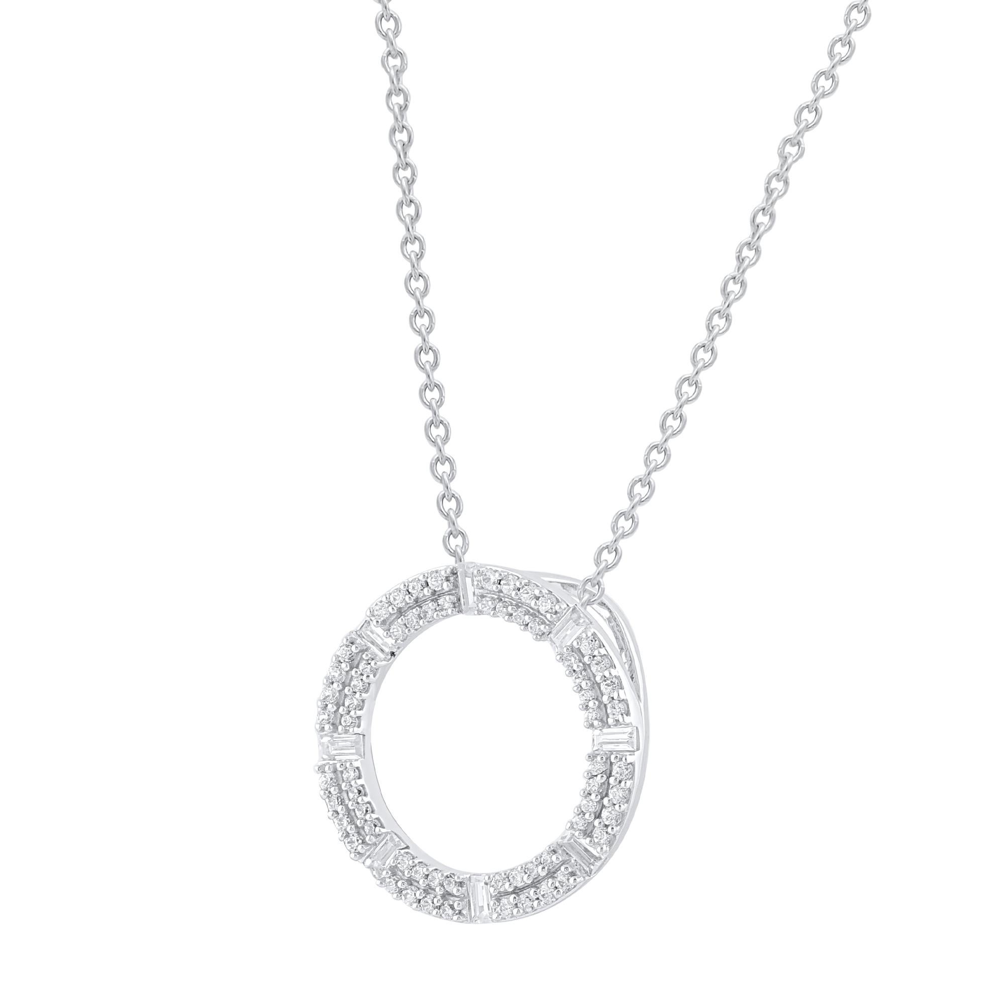 This diamond open circle eternity pendant fits any occasion with ease. These eternity pendant are studded with 72 round and baguette natural diamonds in prong & channel setting in 18kt white gold. Diamonds are graded as H-I color and I-2 clarity.