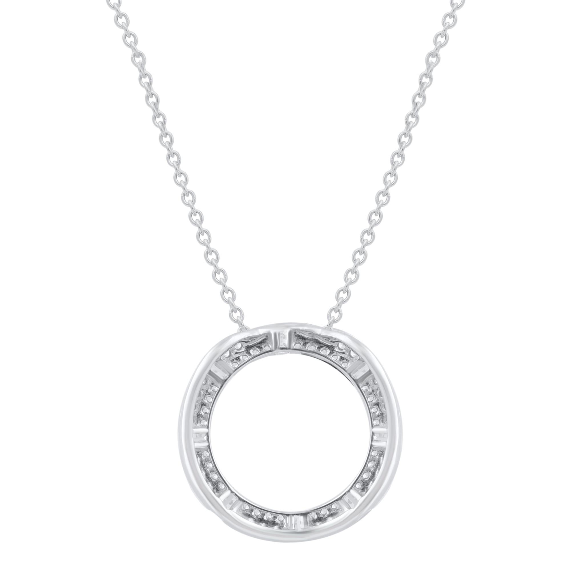 Contemporary TJD 0.25 Carat Round & Baguette Cut Diamond 18KT White Gold Open Circle Pendant For Sale
