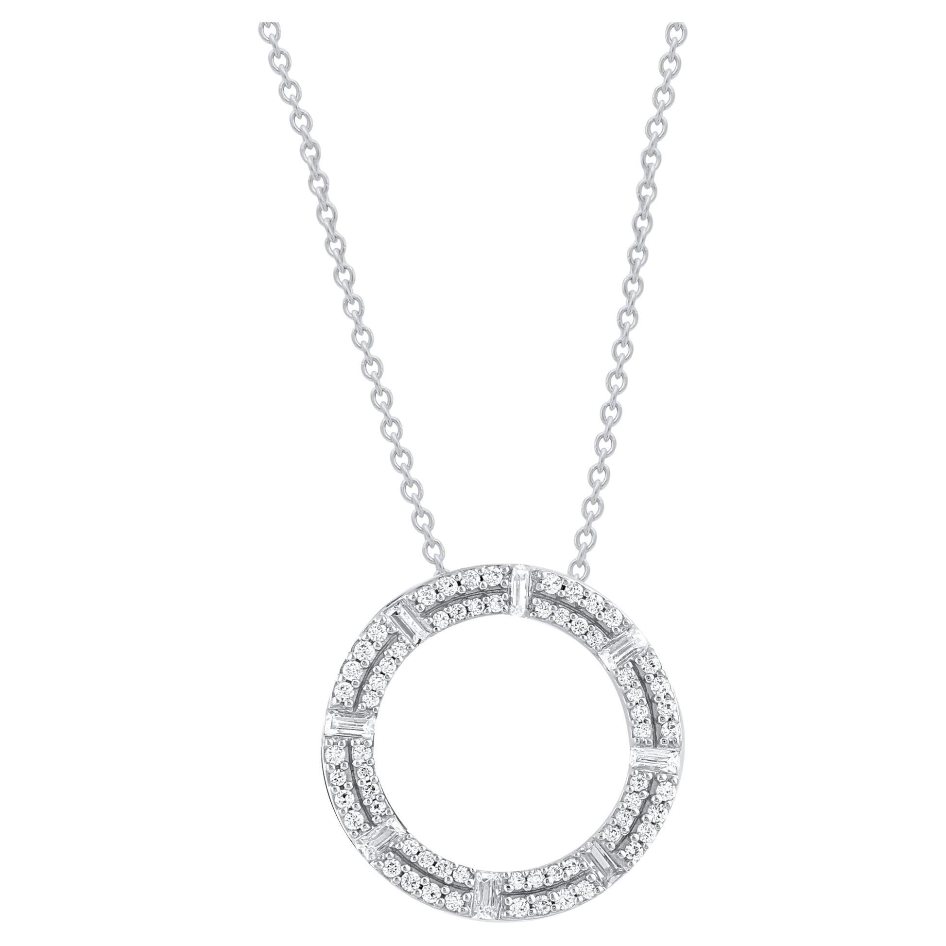 TJD Pendentif cercle ouvert en or blanc 18KT avec diamants ronds et baguettes de 0,25 carat