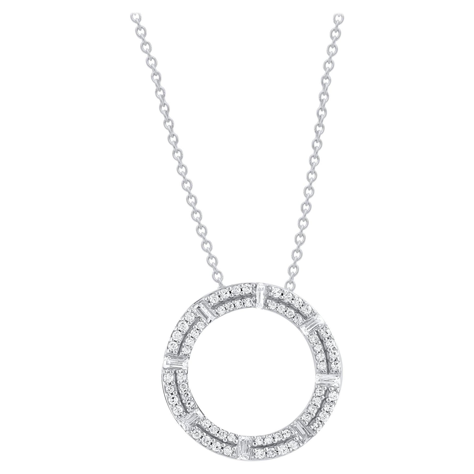 TJD 0.25 Carat Round
Baguette Cut Diamond 18KT White Gold Open Circle Pendant