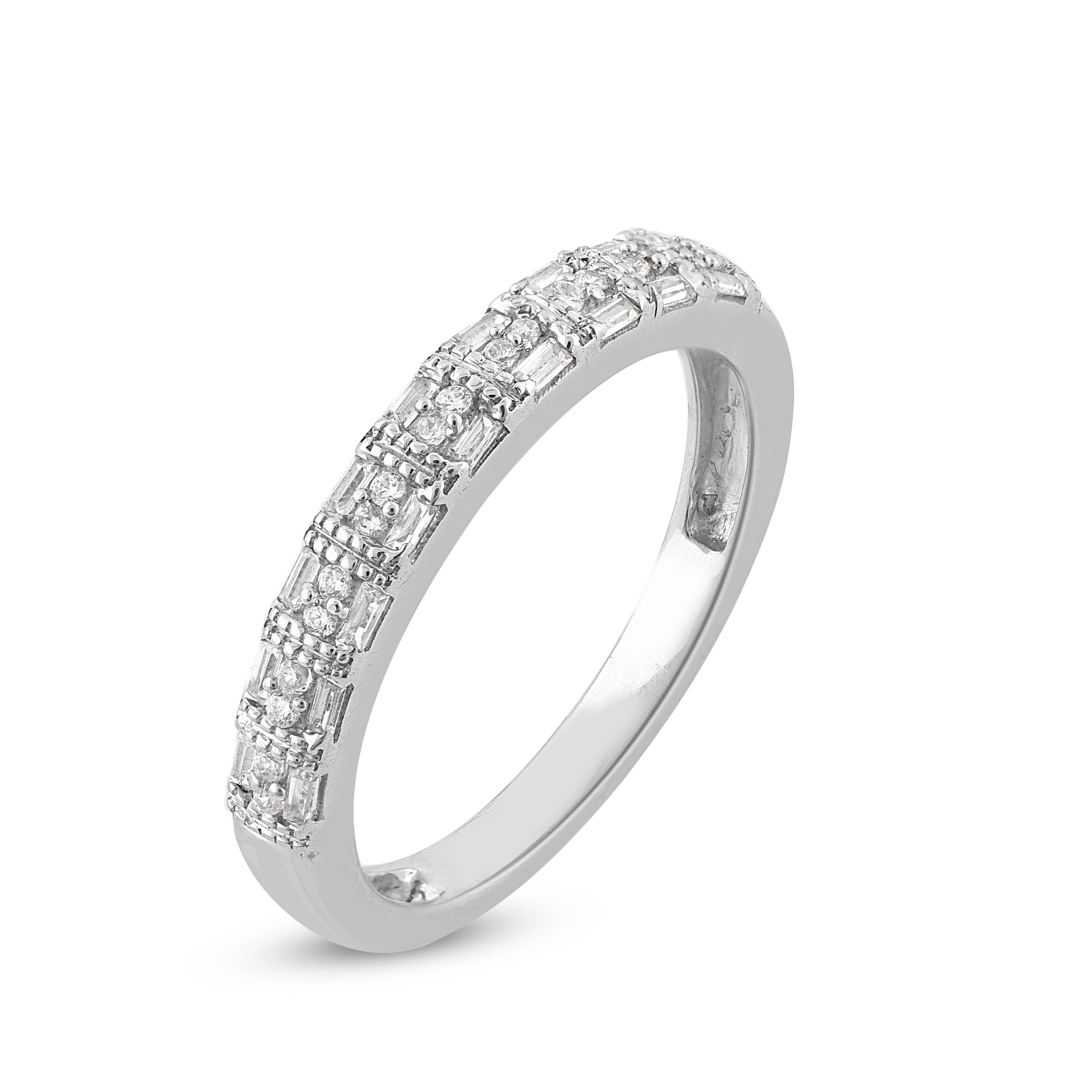 Honor your special day with this exceptional diamond band ring. This band ring features a sparkling 36 single cut & baguette diamonds beautifully set in bezel & channel setting. The total diamond weight is 0.25 Carat. The diamonds are graded as H-I