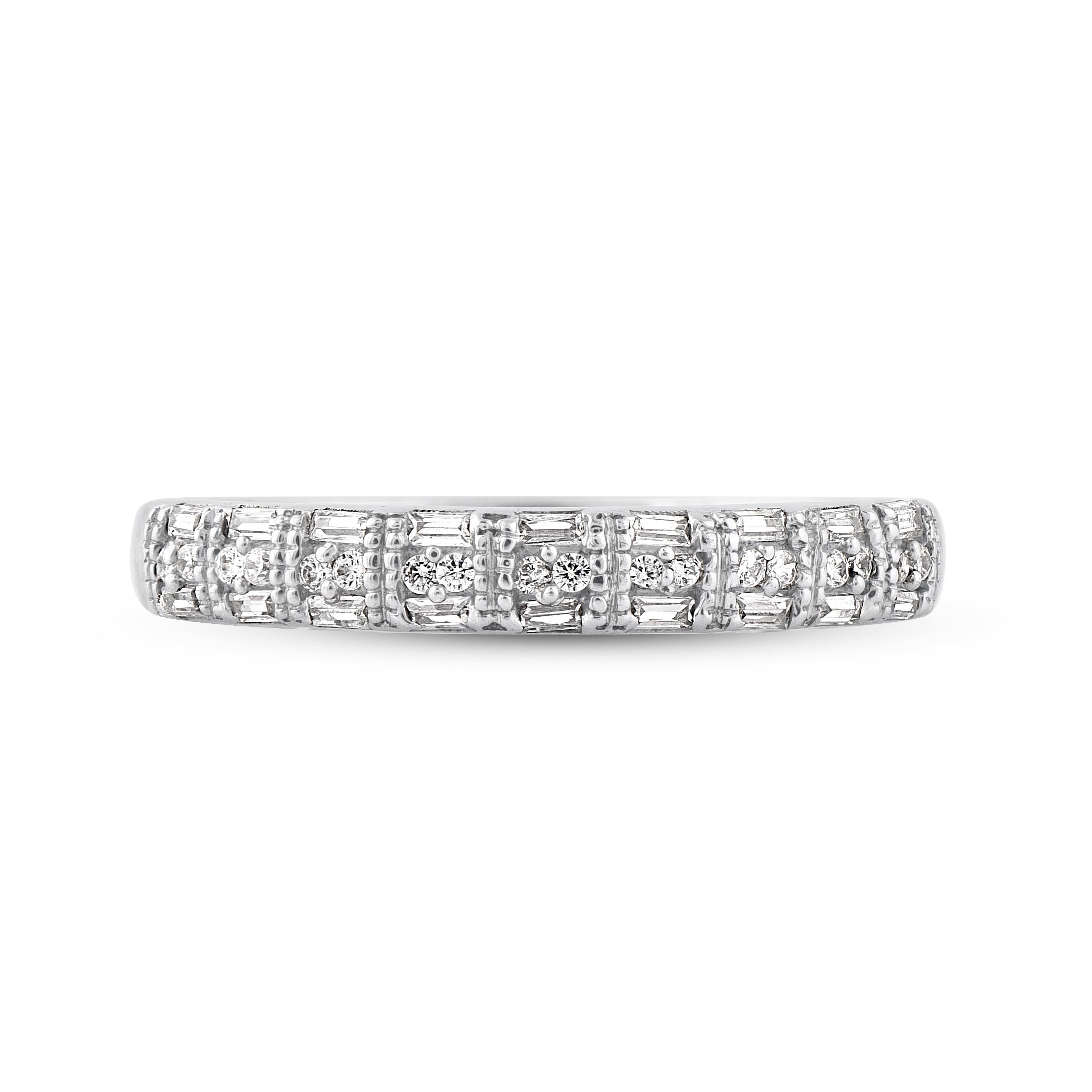 Art Deco TJD 0.25 Carat Round & Baguette Diamond 14KT Gold Stackable Wedding Band Ring For Sale