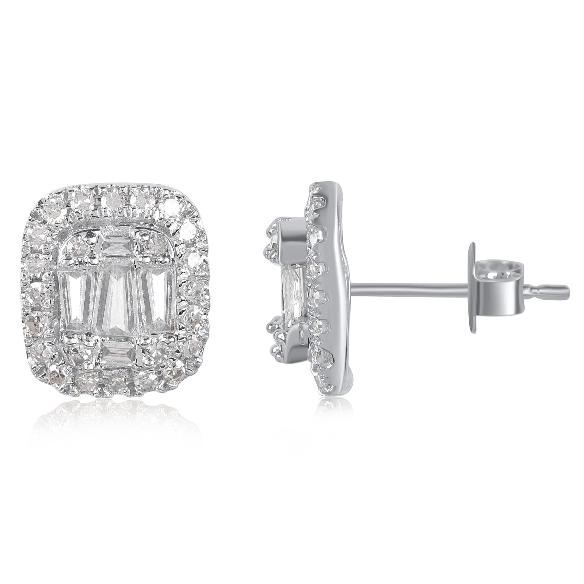 Just her style, these sparkling diamond stud earrings are certain to dazzle and delight. Handcrafted by our experts in 14 karat white gold and studded with 58 round single cut and baguette-cut diamond in pave and channel setting, glitters in H-I