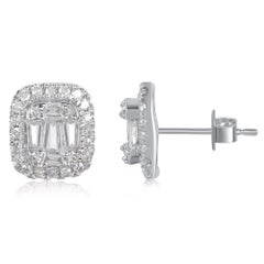 TJD 0.25 Carat Round & Baguette Diamond 14KT White Gold Halo Stud Earrings