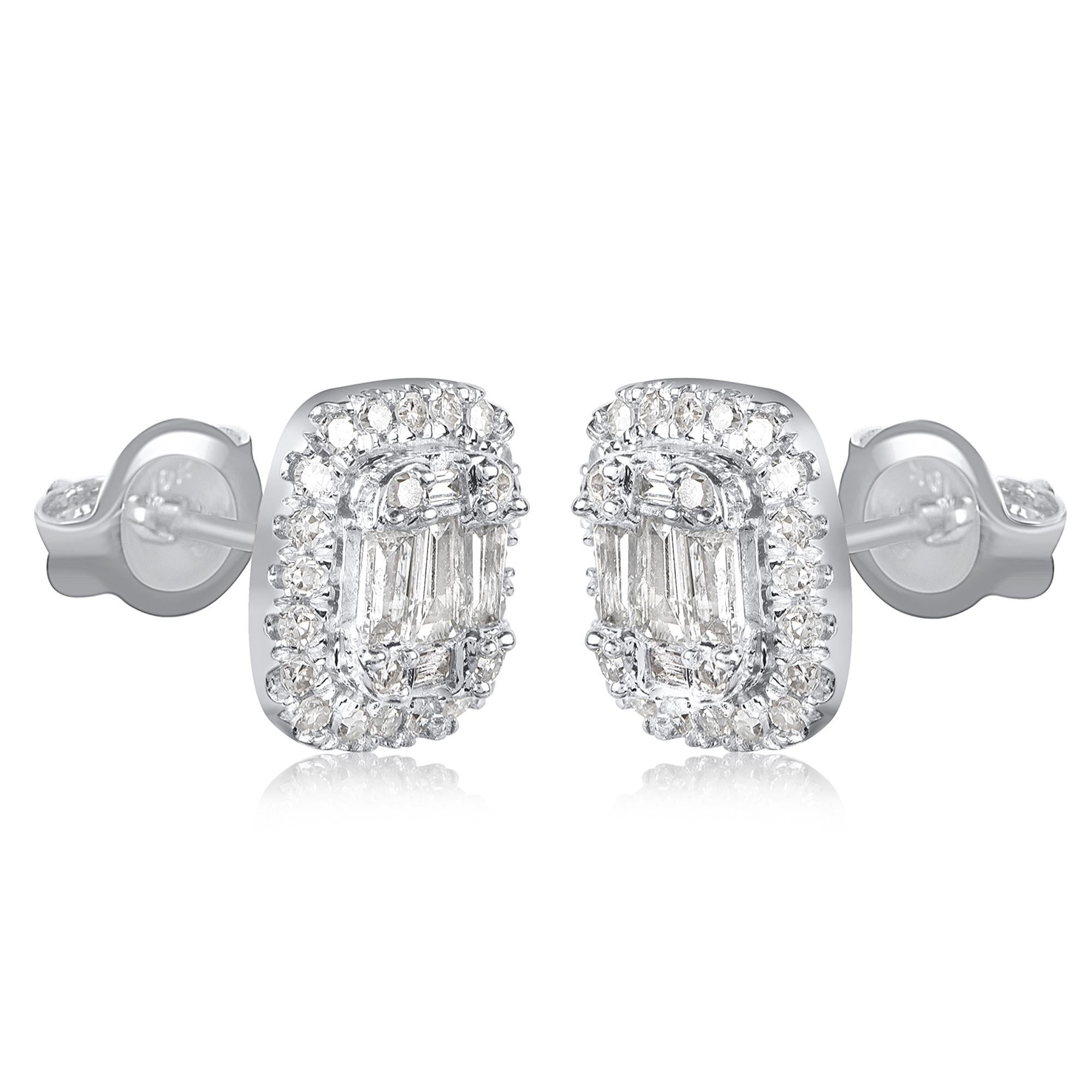 Contemporary TJD 0.25 Carat Round & Baguette Diamond 14KT White Gold Halo Stud Earrings For Sale
