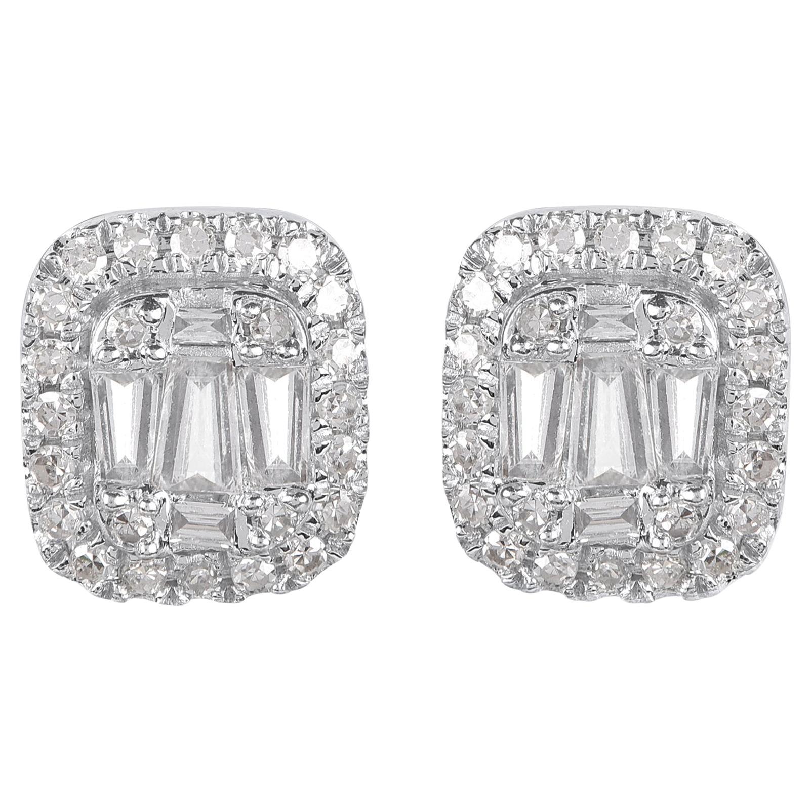 TJD 0.25 Carat Round & Baguette Diamond 14KT White Gold Halo Stud Earrings For Sale