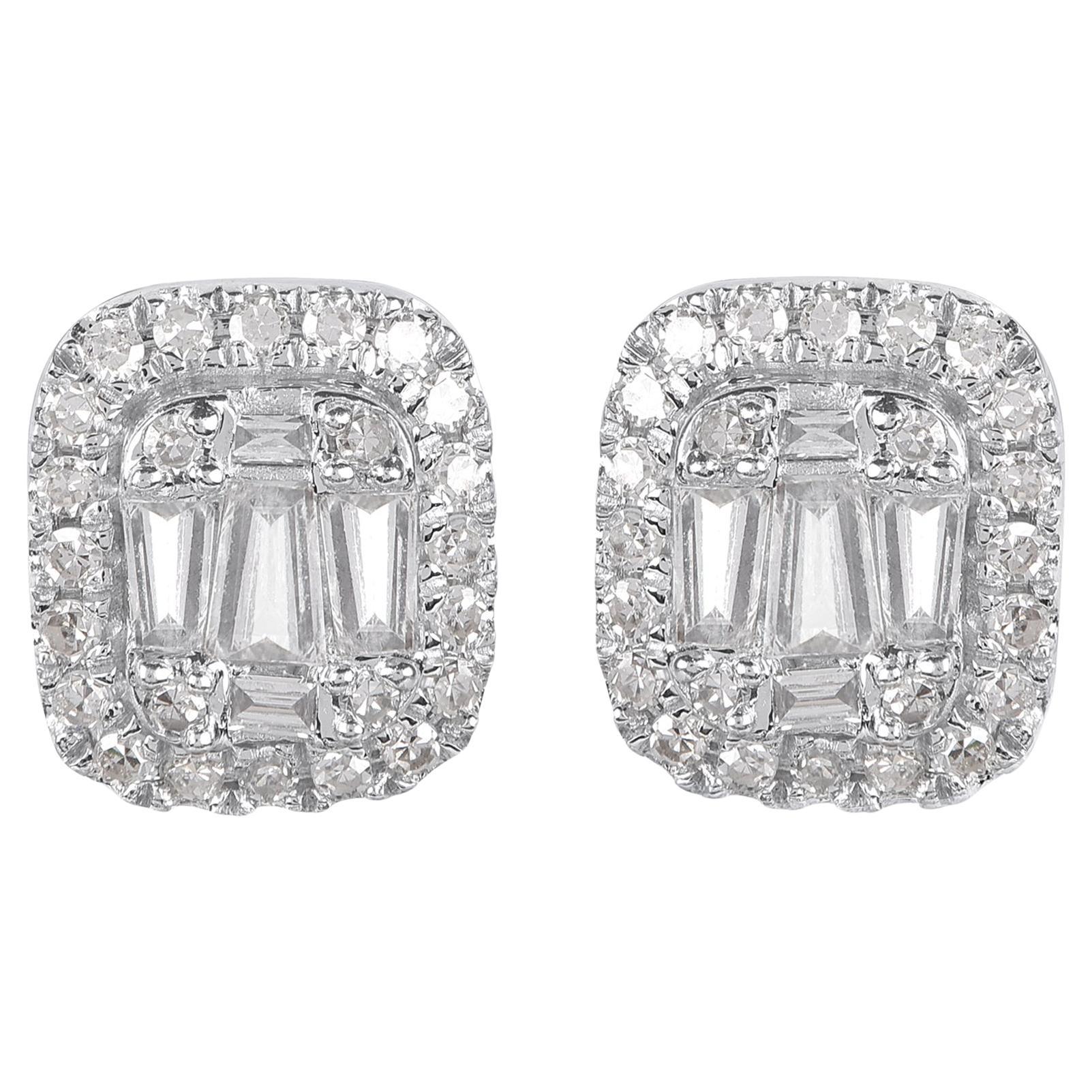 TJD Boucles d'oreilles Halo en or blanc 14KT avec diamants ronds et baguettes de 0,25 carat