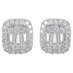 TJD 0.25 Carat Round & Baguette Diamond 14KT White Gold Halo Stud Earrings