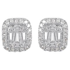TJD 0.25 Carat Round 
Baguette Diamond 14KT White Gold Halo Stud Earrings