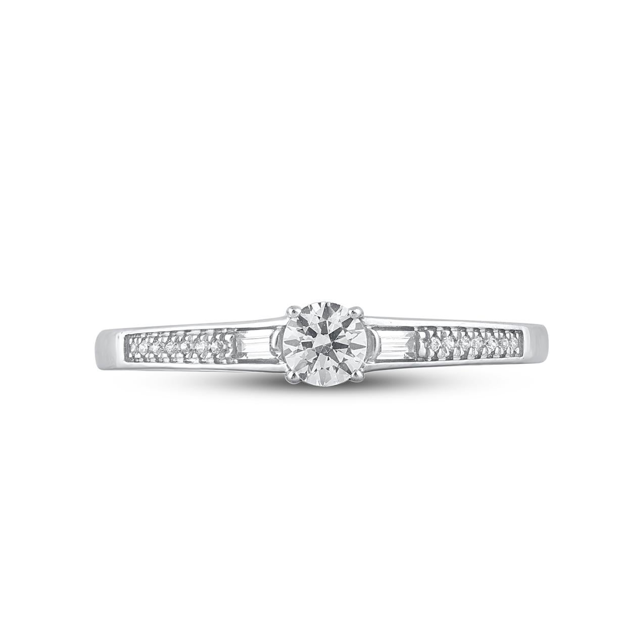 A sweet symbol of your everlasting romance, expertly crafted in 14 Karat white gold and shines with 17 single cut, brilliant cut and baguette cut diamond in prong, pave and channel setting.
The total weight of diamonds is 0.25 carat, H-I color and
