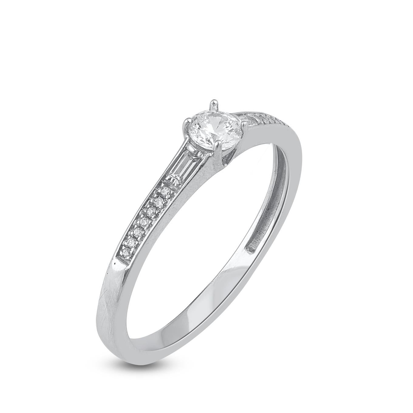 Contemporary TJD 0.25 Carat Round & Baguette Diamond 14KT White Gold Solitaire Promise Ring For Sale