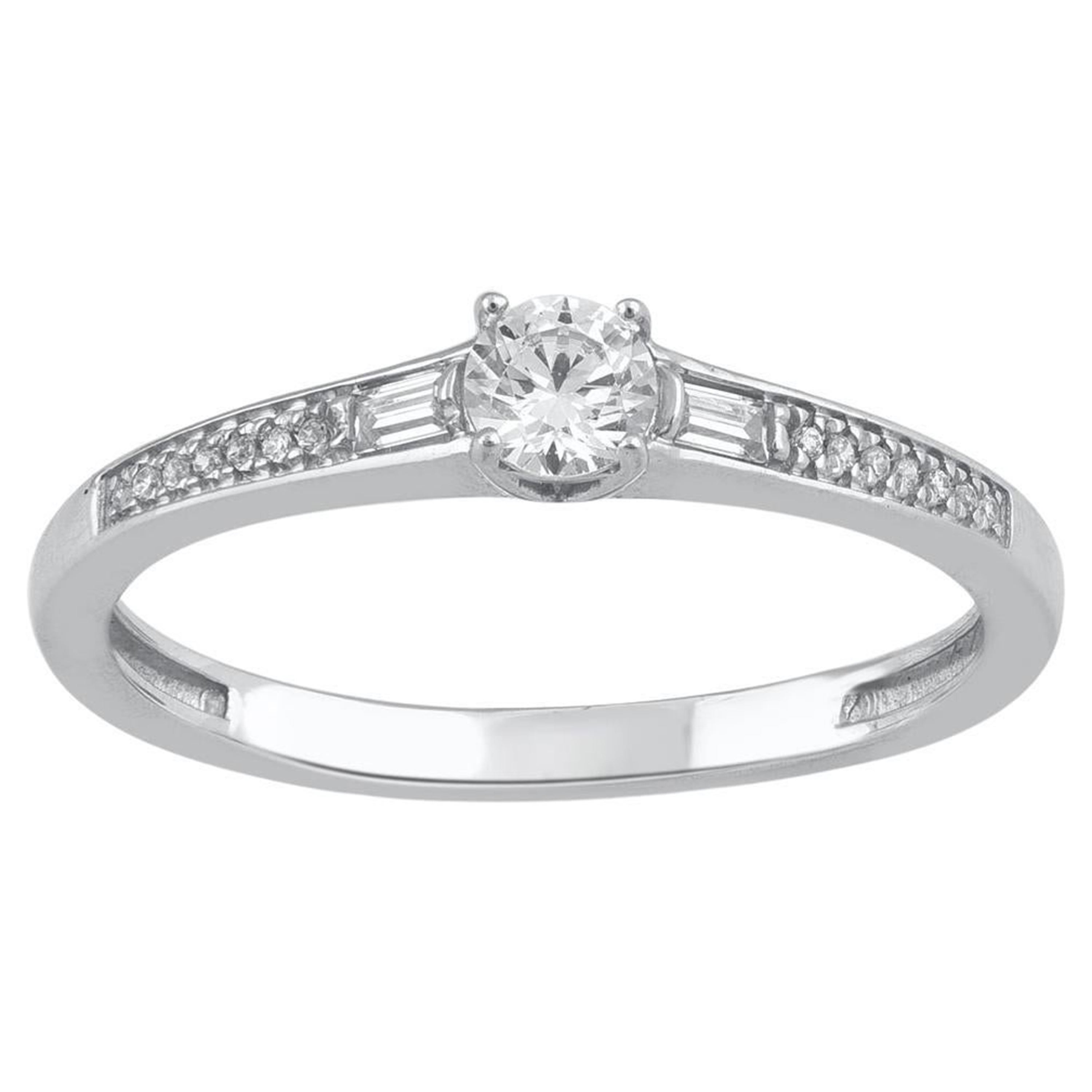 TJD 0.25 Carat Round 
Baguette Diamond 14KT White Gold Solitaire Promise Ring For Sale
