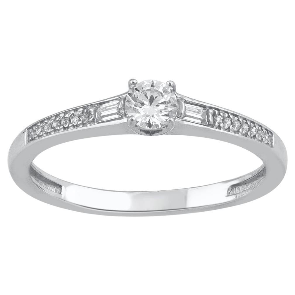 TJD 0.25 Carat Round & Baguette Diamond 14KT White Gold Solitaire Promise Ring