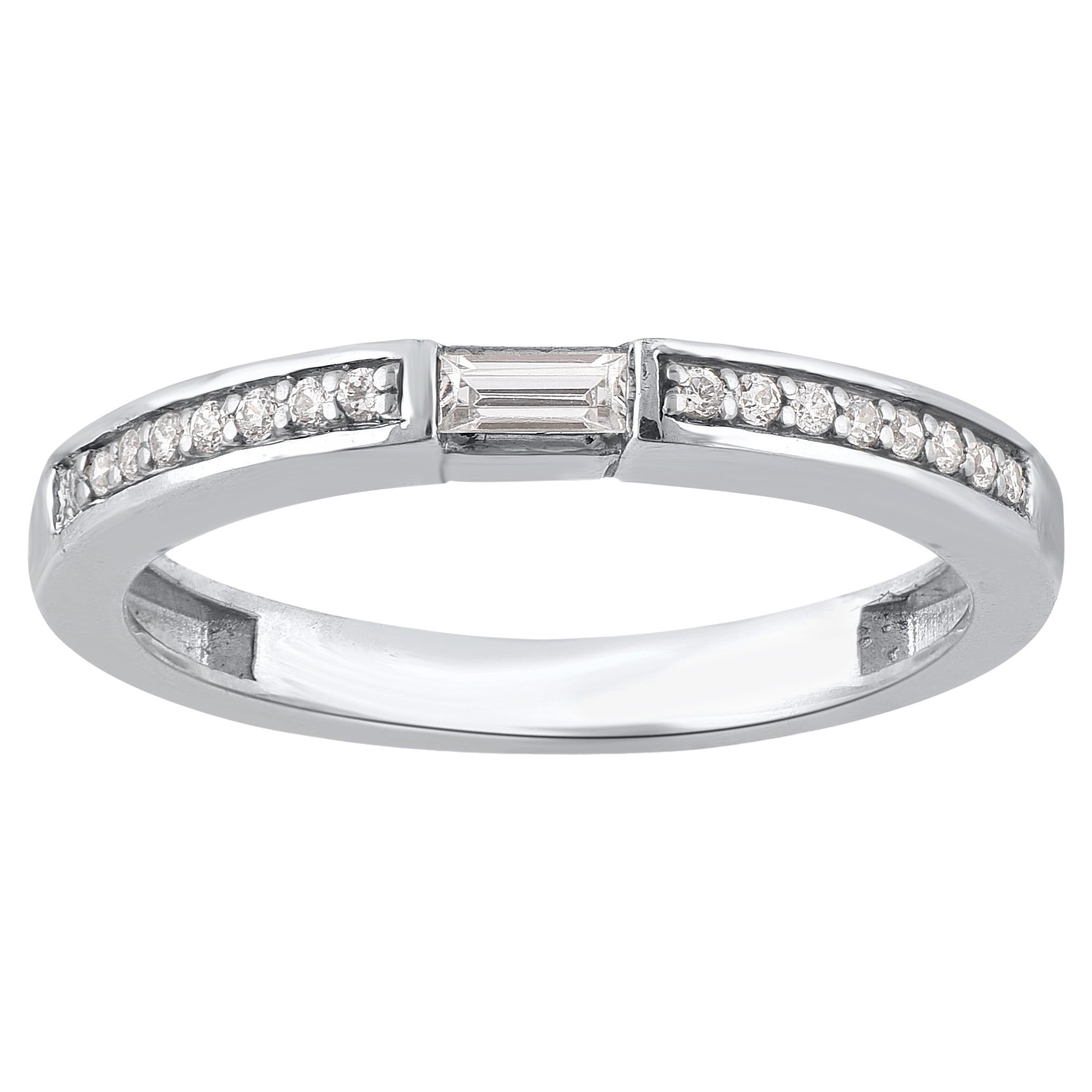 TJD 0.25 Carat Round 
Baguette Diamond 14KT White Gold Stackable Band Ring