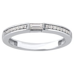 TJD 0.25 Carat Round & Baguette Diamond 14KT White Gold Stackable Band Ring