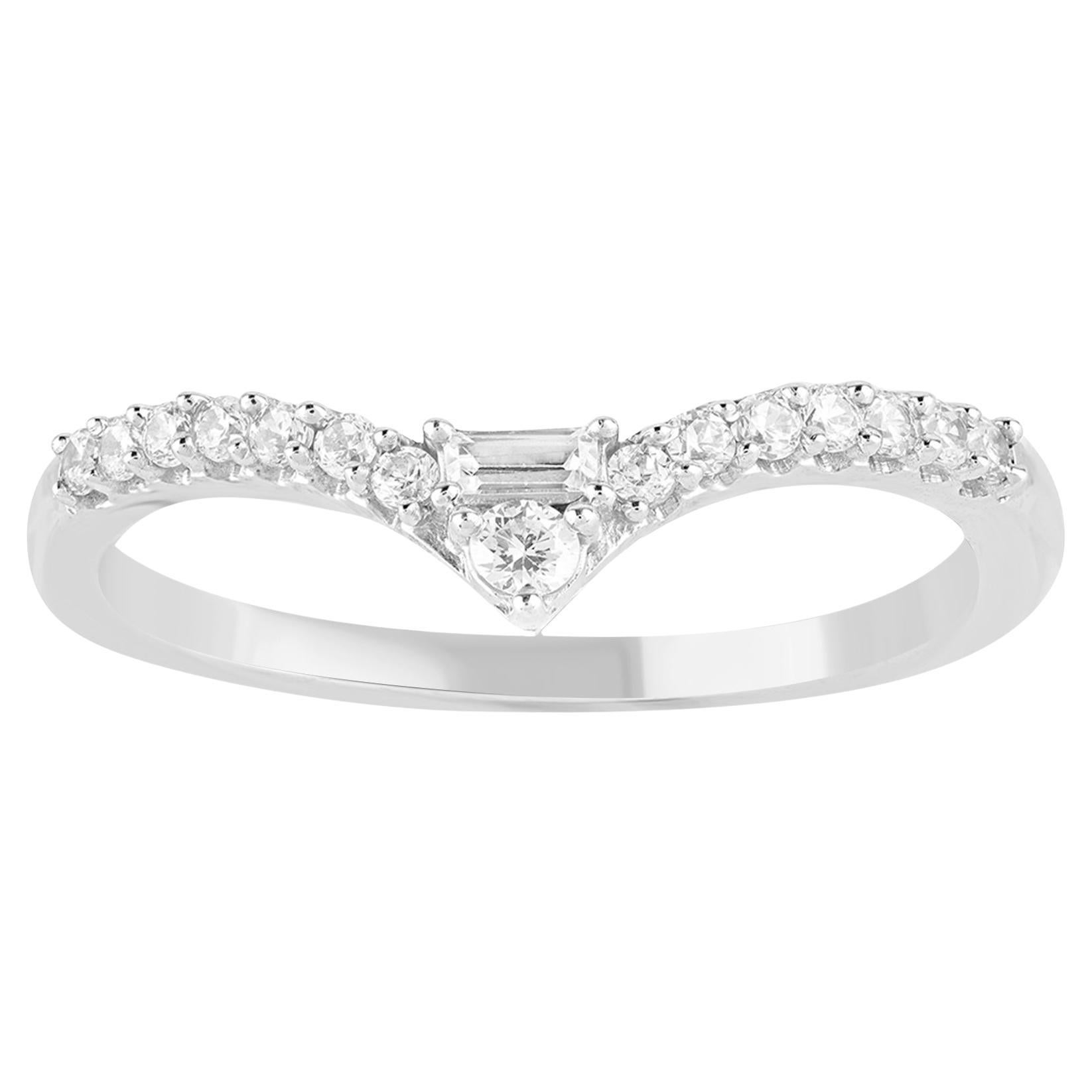 TJD 0.25 Carat Round & Baguette Diamond 14KT White Gold Stackable Band Ring