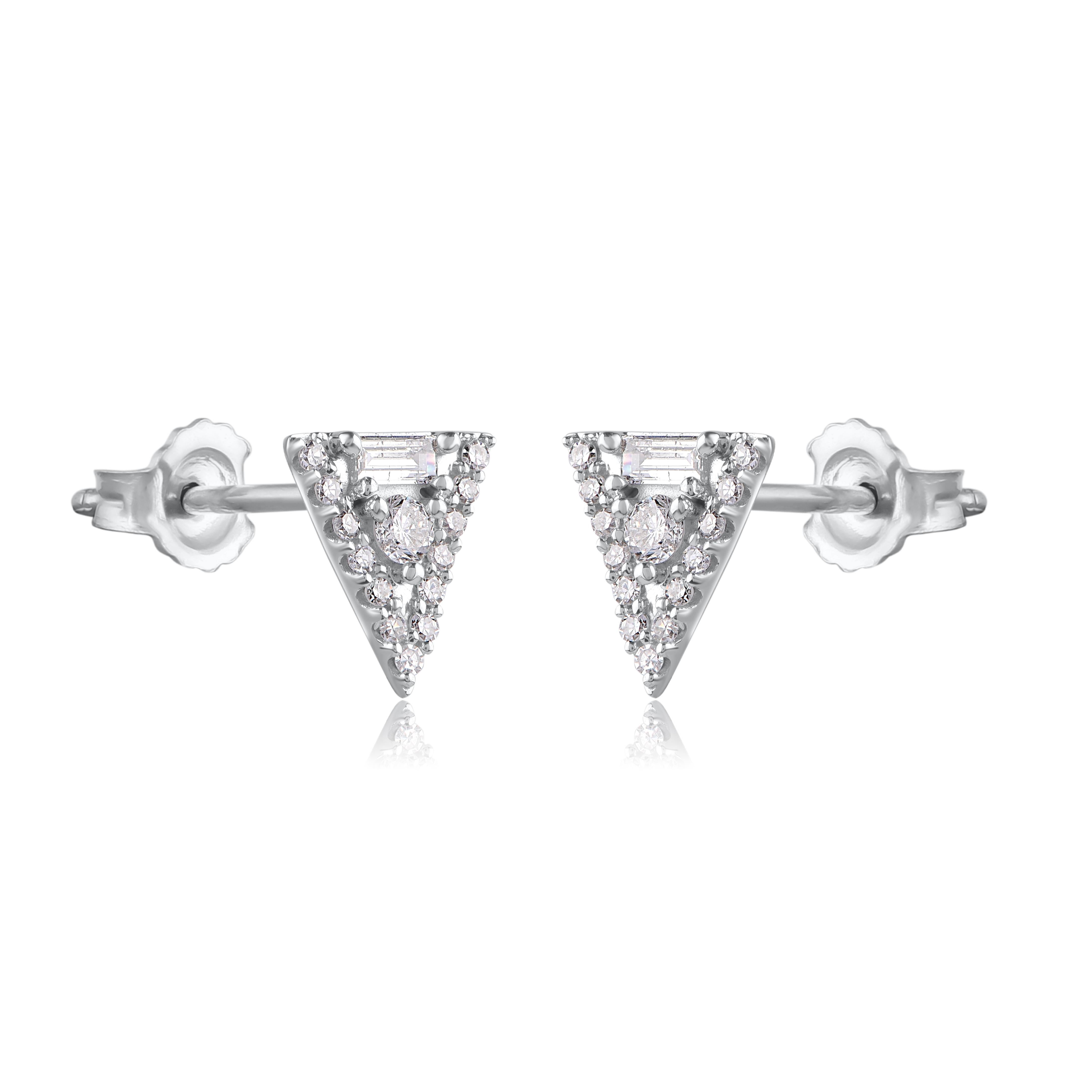 Contemporary TJD 0.25 Carat Round & Baguette Diamond 14KT White Gold Trillion Stud Earring For Sale