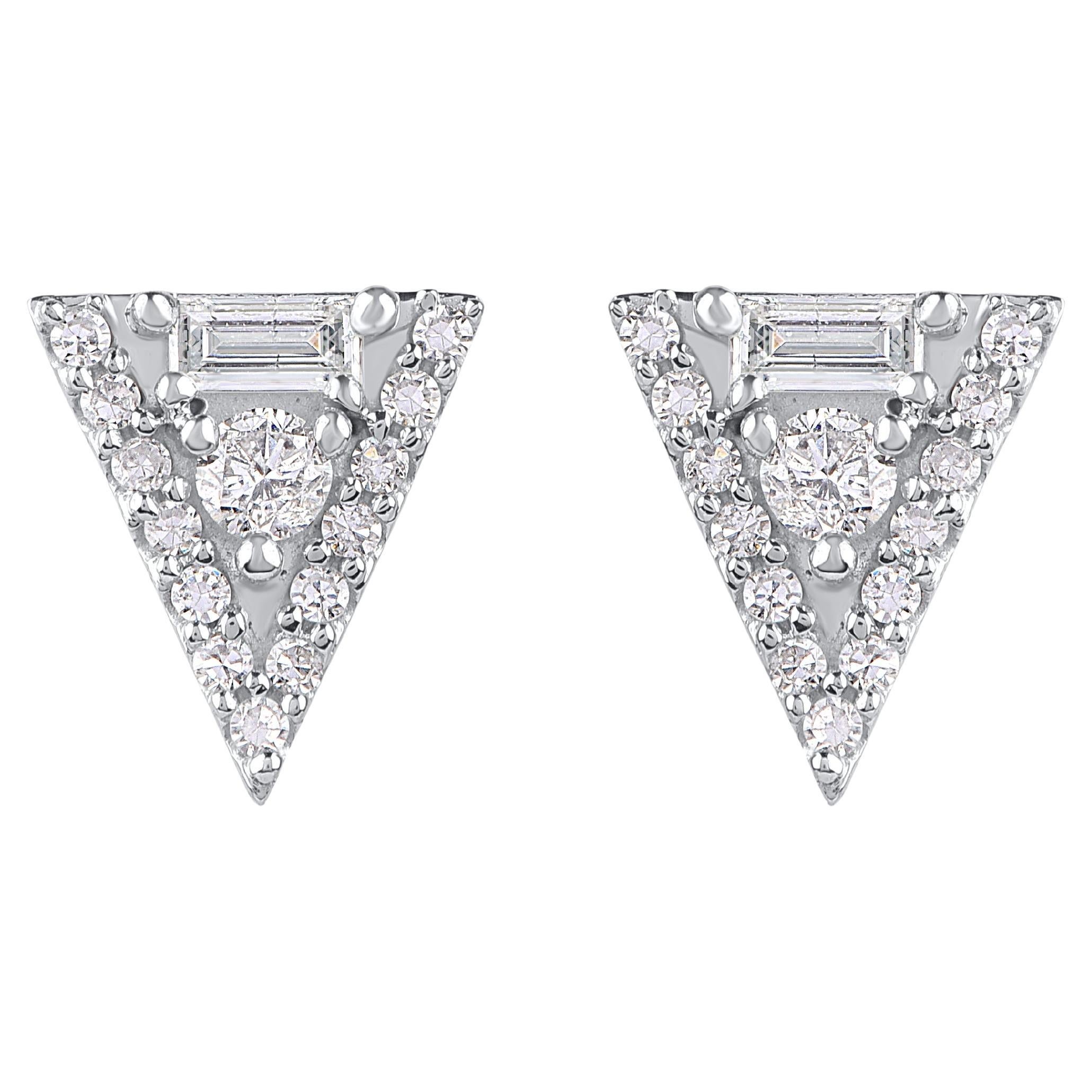 TJD 0.25 Carat Round & Baguette Diamond 14KT White Gold Trillion Stud Earring