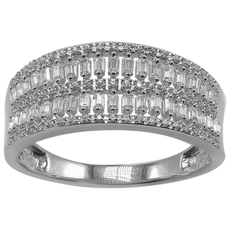 TJD 0.25 Carat Round and Baguette Diamond 14K White Gold Multi-row Wedding Band