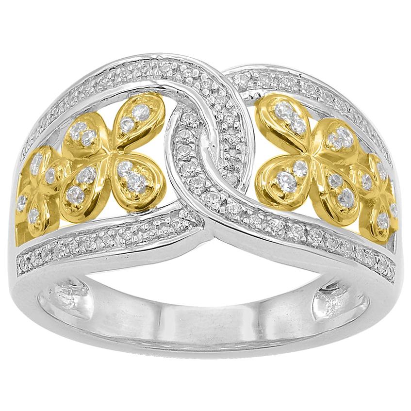 TJD 0.25 Carat Round Diamond 14K Two-Tone Gold Floral Interlocking Wedding Band