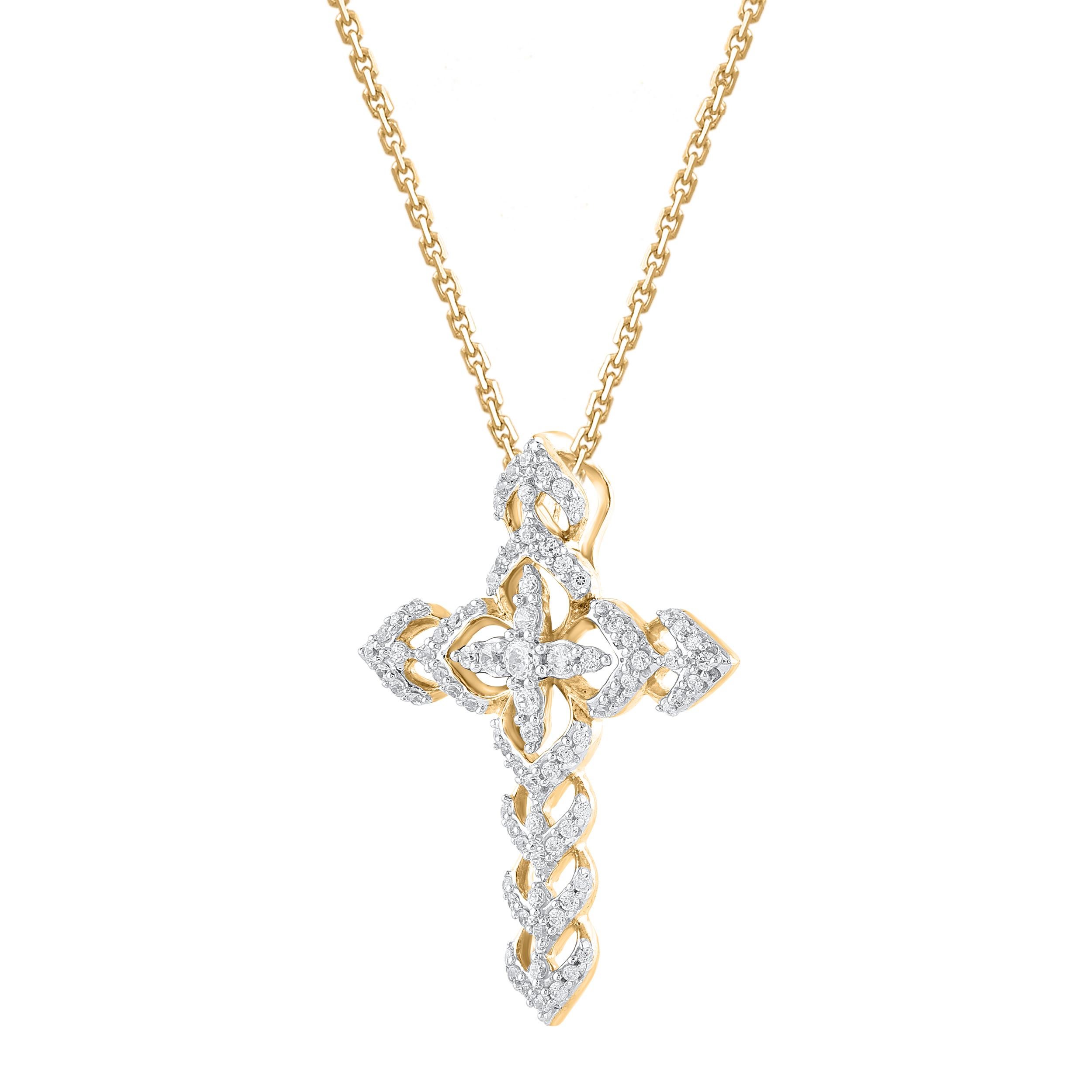 Moderne Collier pendentif croix en or jaune 14 carats avec diamants taille ronde de 0,25 carat TJD en vente