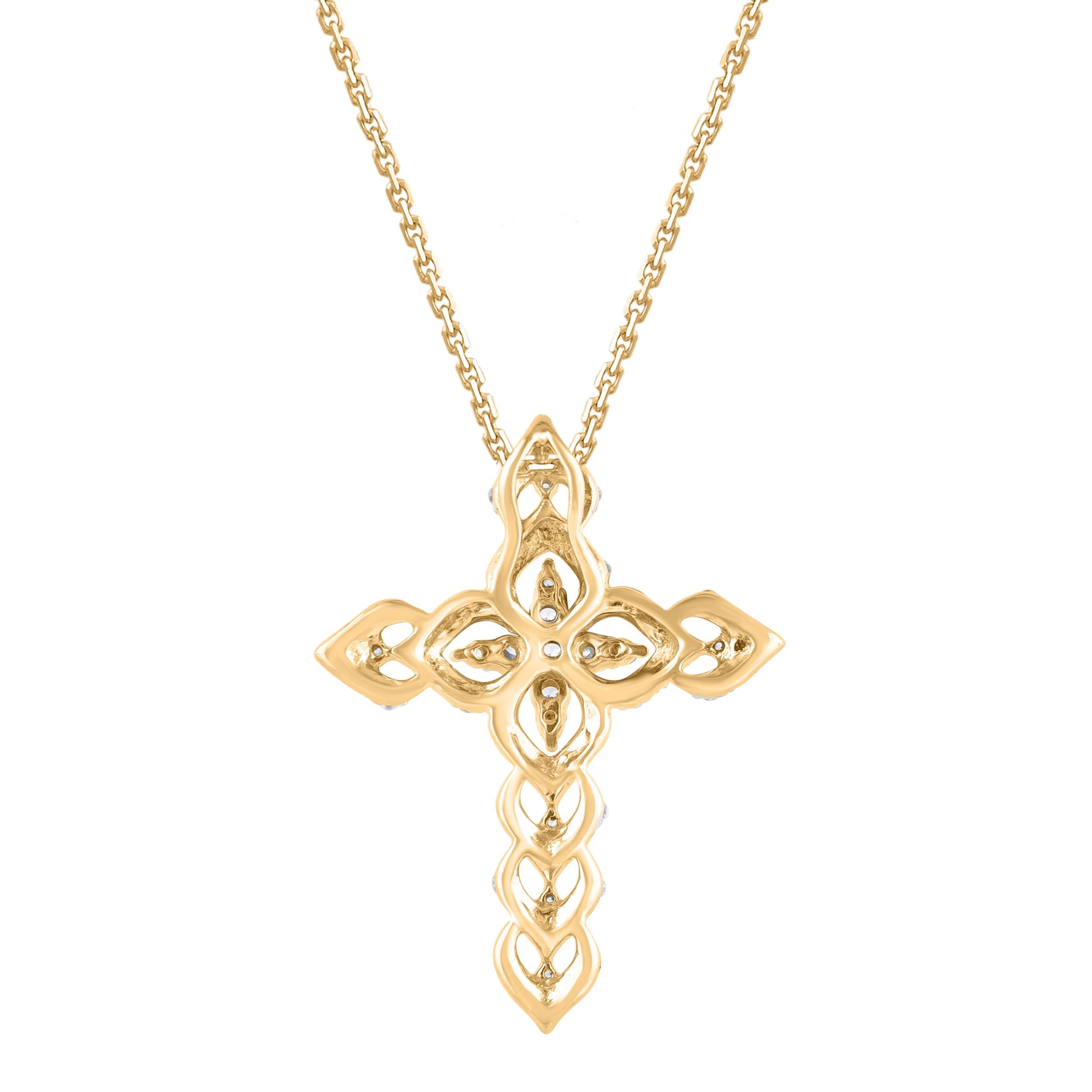 Taille ronde Collier pendentif croix en or jaune 14 carats avec diamants taille ronde de 0,25 carat TJD en vente