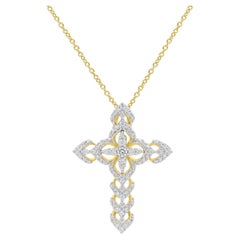 TJD 0.25 Carat Round Cut Diamond Cross Pendant Necklace in 14 Karat Yellow Gold