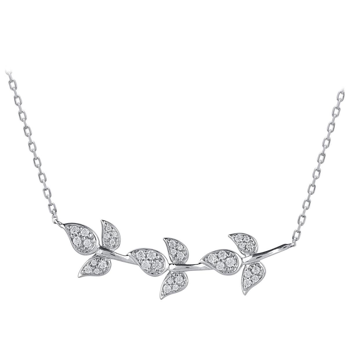 TJD 1/4 Carat Round Diamond 14Karat White Gold Leaf Branch Bar Designer Necklace For Sale
