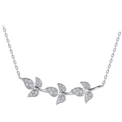 TJD 1/4 Carat Round Diamond 14Karat White Gold Leaf Branch Bar Designer Necklace