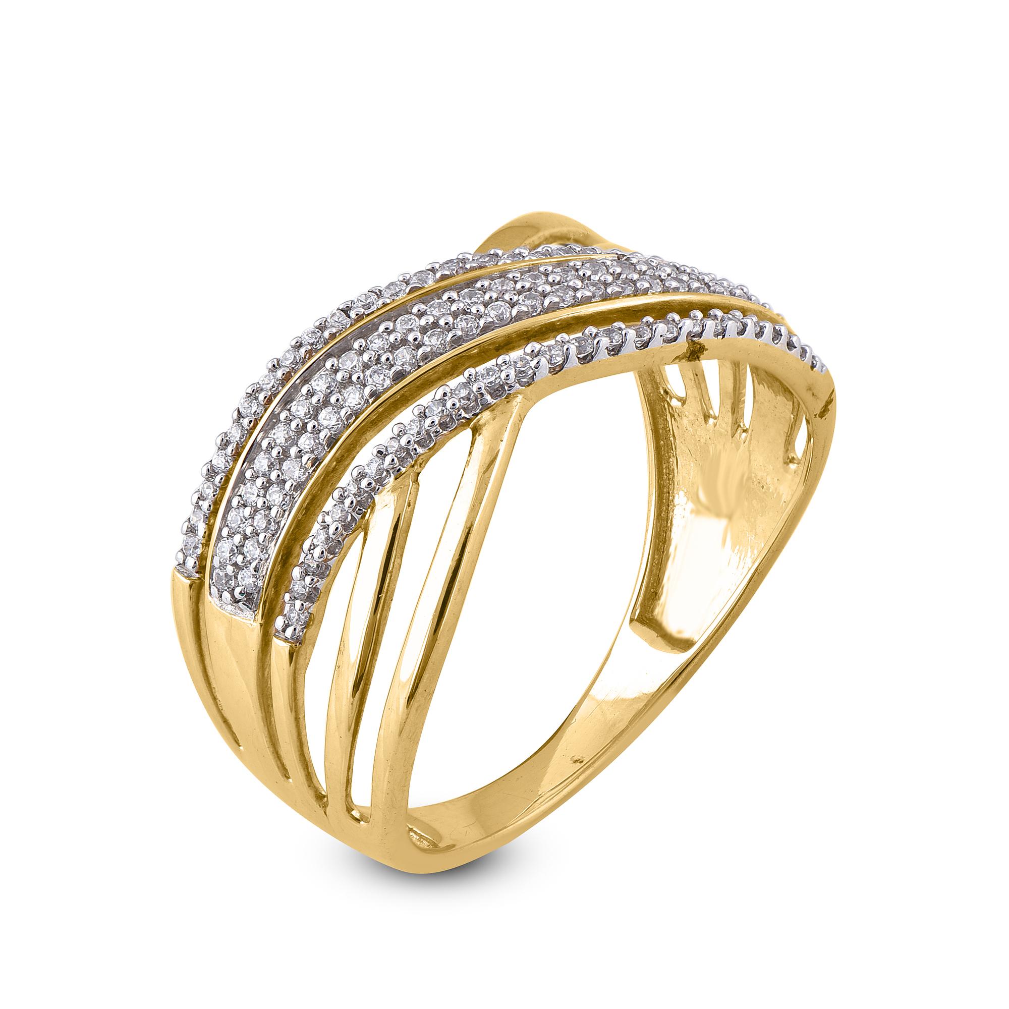 Dieser wirklich exquisite, wellenförmige, kreuzförmige Diamant-Hochzeitsring wird wegen seiner klassischen Schönheit und Eleganz bewundert werden. Das Gesamtgewicht der Diamanten 0,25 Karat, besetzt mit 102 runden Brillanten in Pave- und