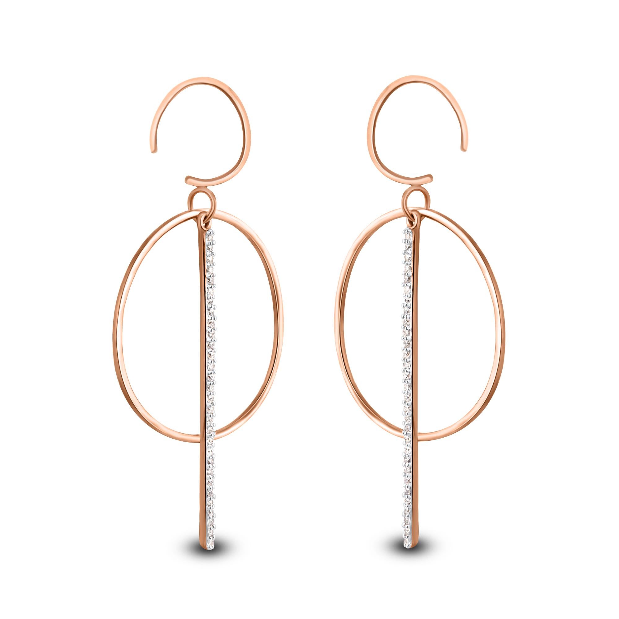 Bring charm to your look with this diamond circular and vertical drop earrings. The earrings is crafted from 14-karat Rose gold and features Round-60 set in prong setting and a high polish finish complete the Brilliant sophistication of this