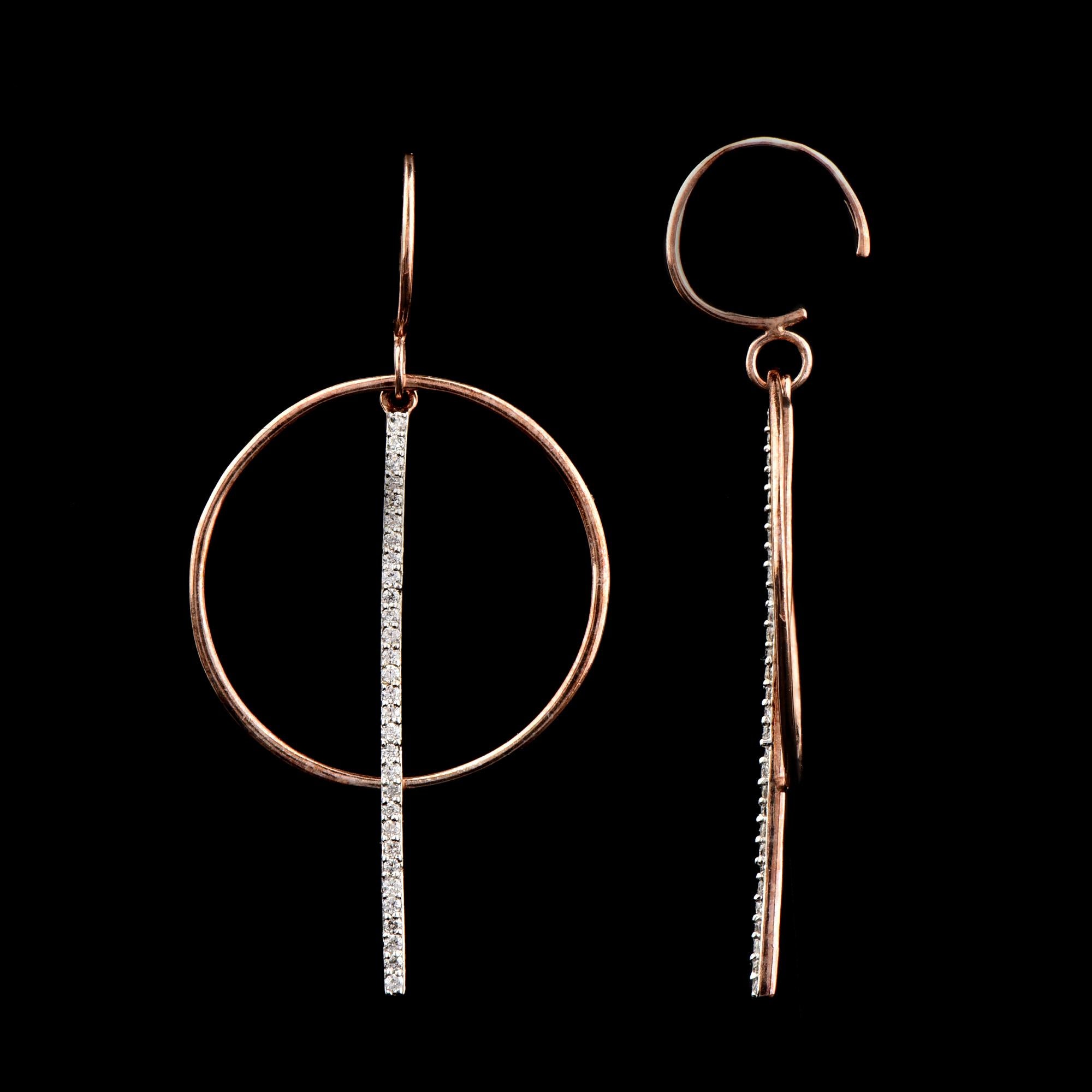 Modern TJD 0.25 Carat Round Diamond 14 Karat Rose Gold Circle and Bar Drop Earrings For Sale