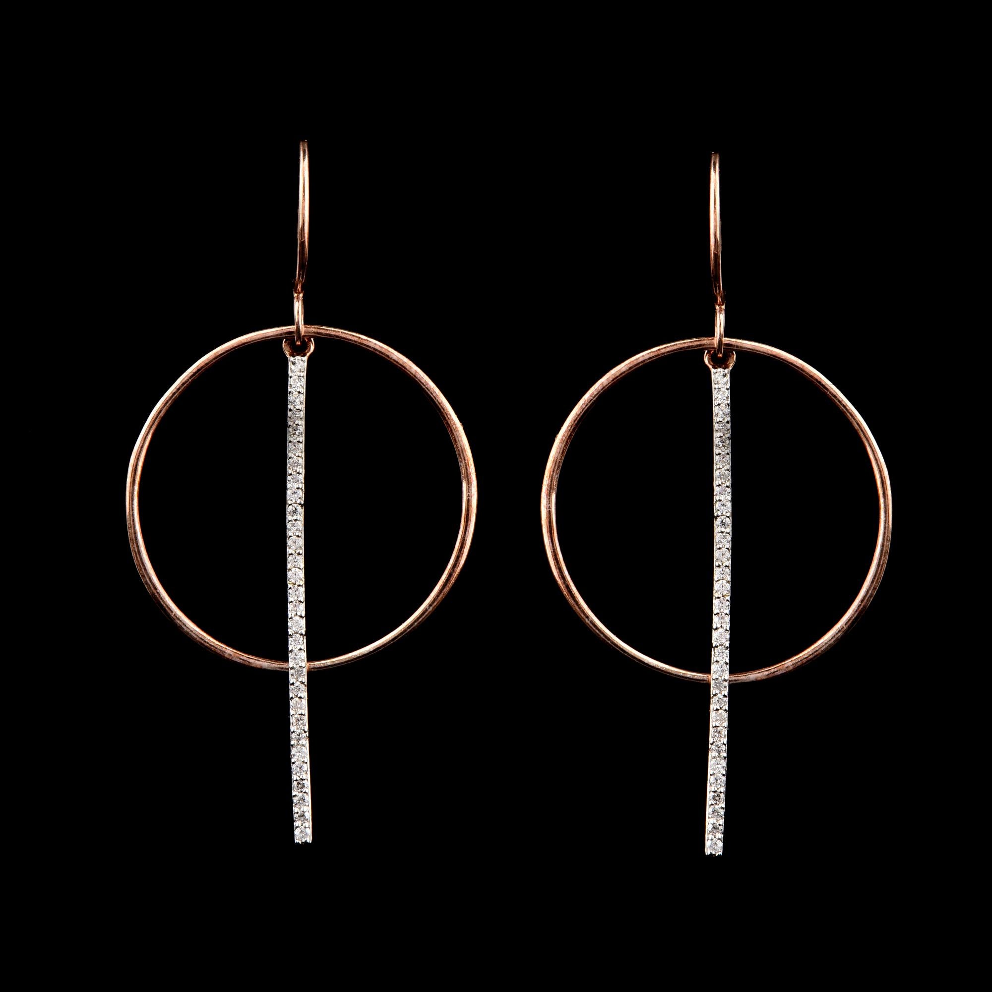 TJD 0.25 Carat Round Diamond 14 Karat Rose Gold Circle and Bar Drop Earrings In New Condition For Sale In New York, NY