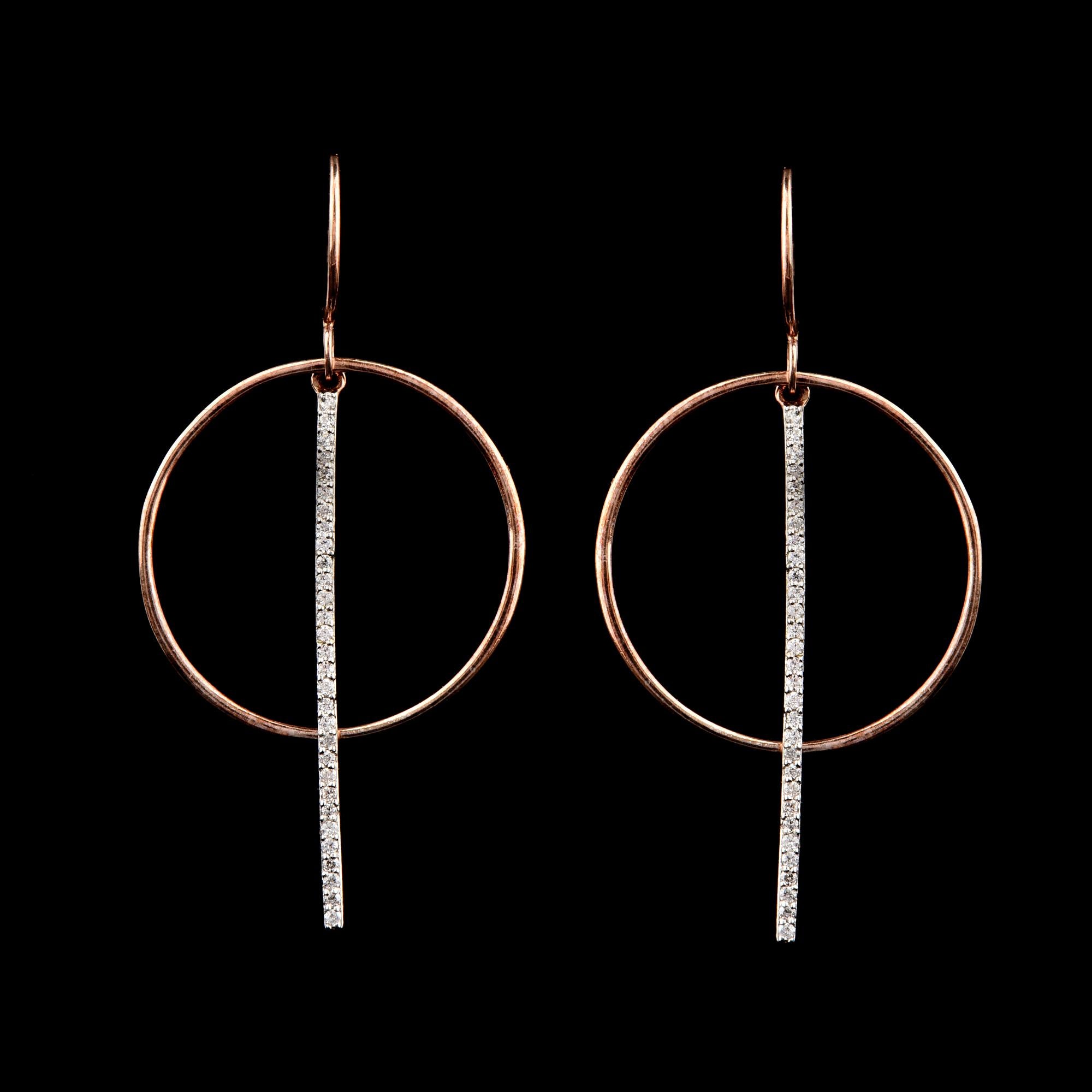 Round Cut TJD 0.25 Carat Round Diamond 14 Karat Rose Gold Circle and Bar Drop Earrings For Sale