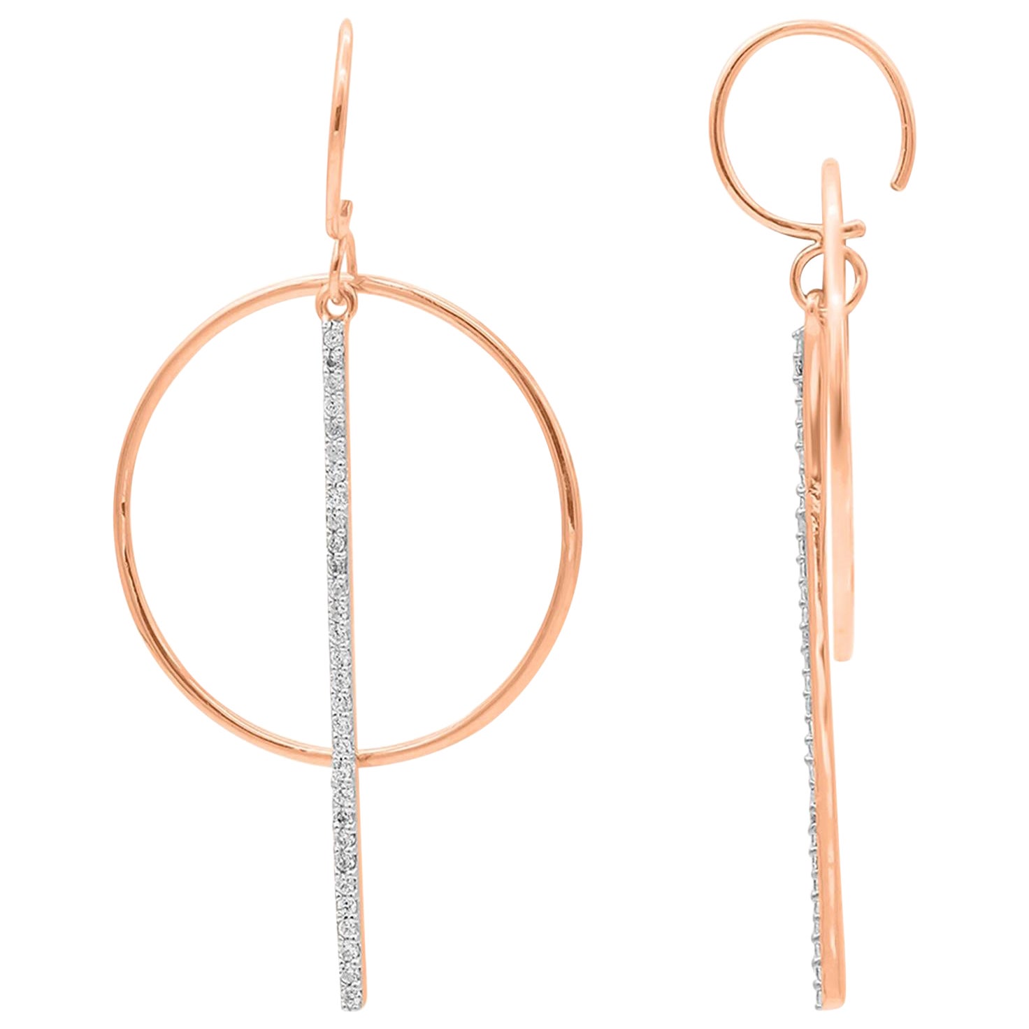 TJD Orecchini a cerchio e a barretta con diamante rotondo da 0,25 carati in oro rosa 14 carati