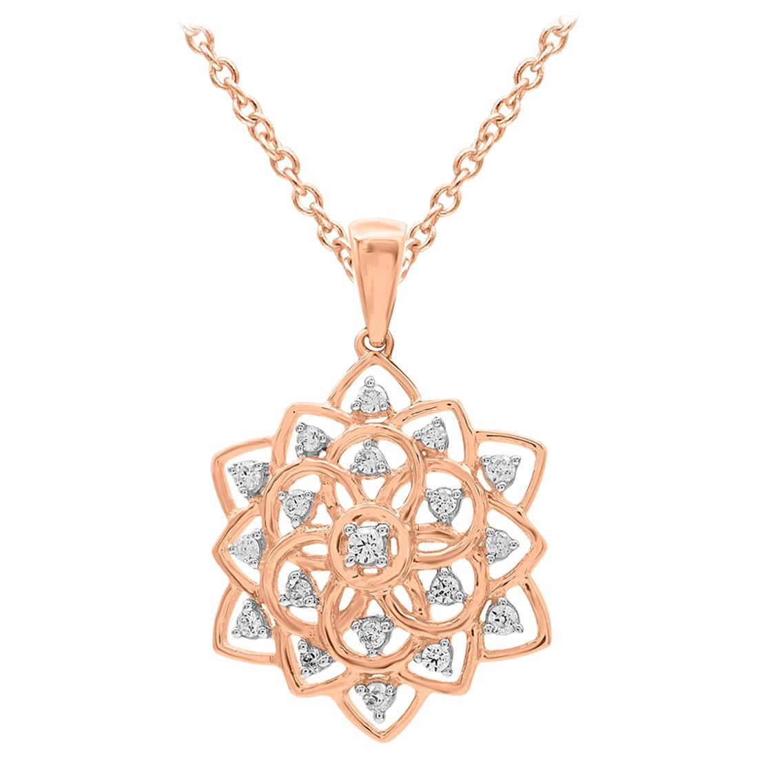 TJD 0.25 Carat Round Diamond 14 Karat Rose Gold Designer Floral Shaped Pendant