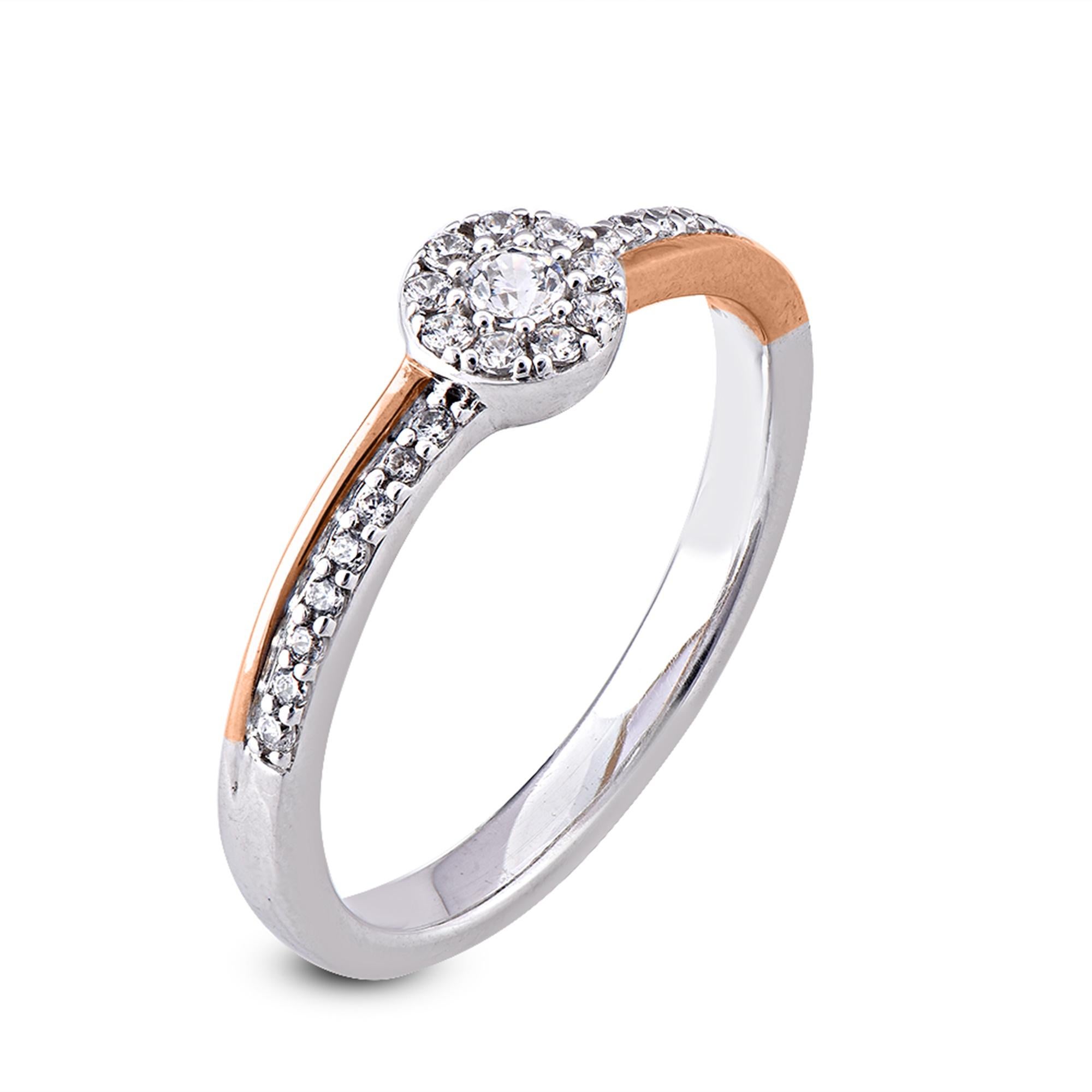 This ring dazzles with 0.25ct diamonds shimmering 26 round white diamonds set in prong setting. We only use 100% natural and conflict free diamonds which sparkles in H-I color I2 clarity. This 14 karat white and Rose gold engagement ring is a lovely